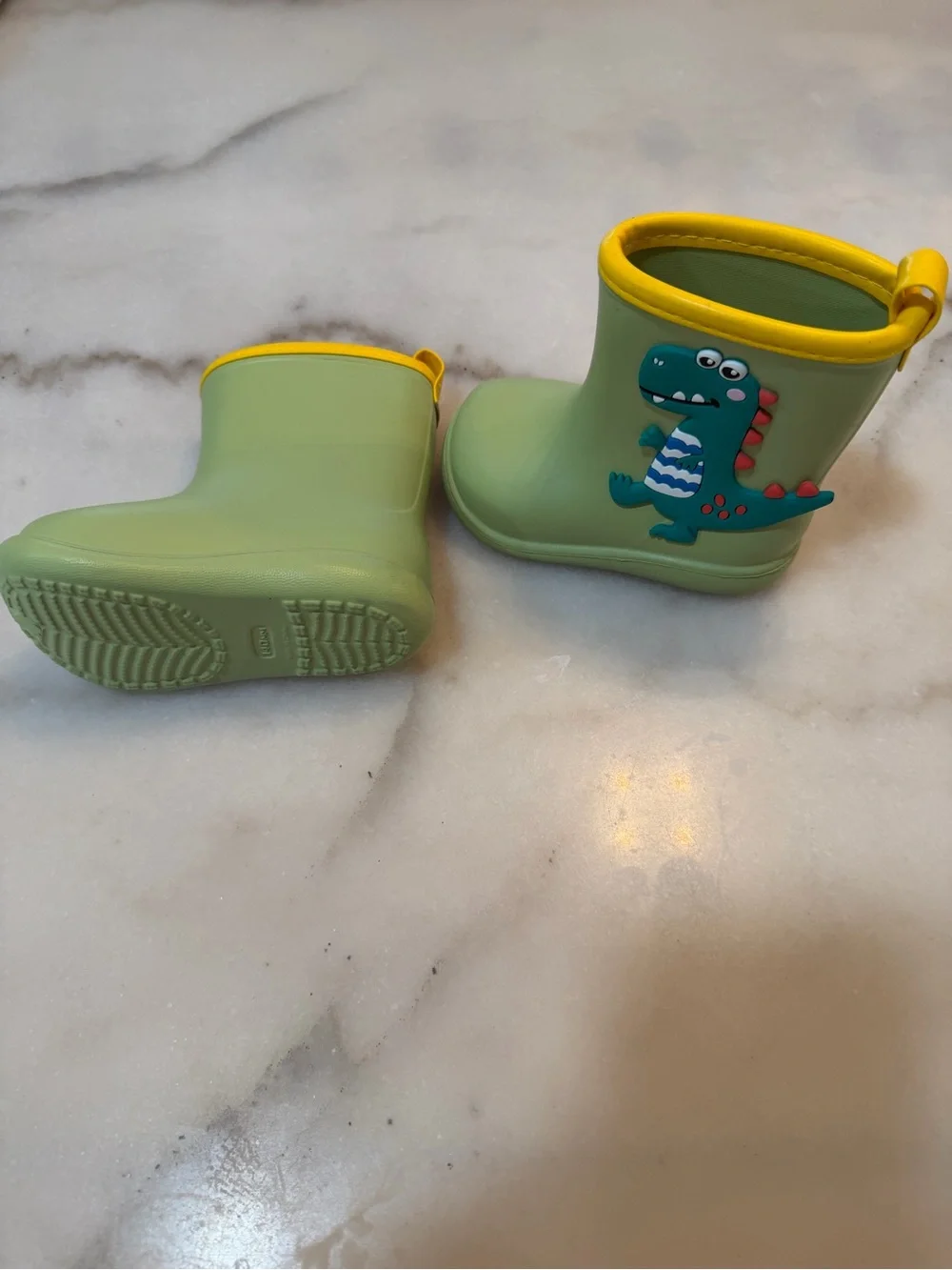 Kids Green Dinosaur Rain Boots with Yellow Trim